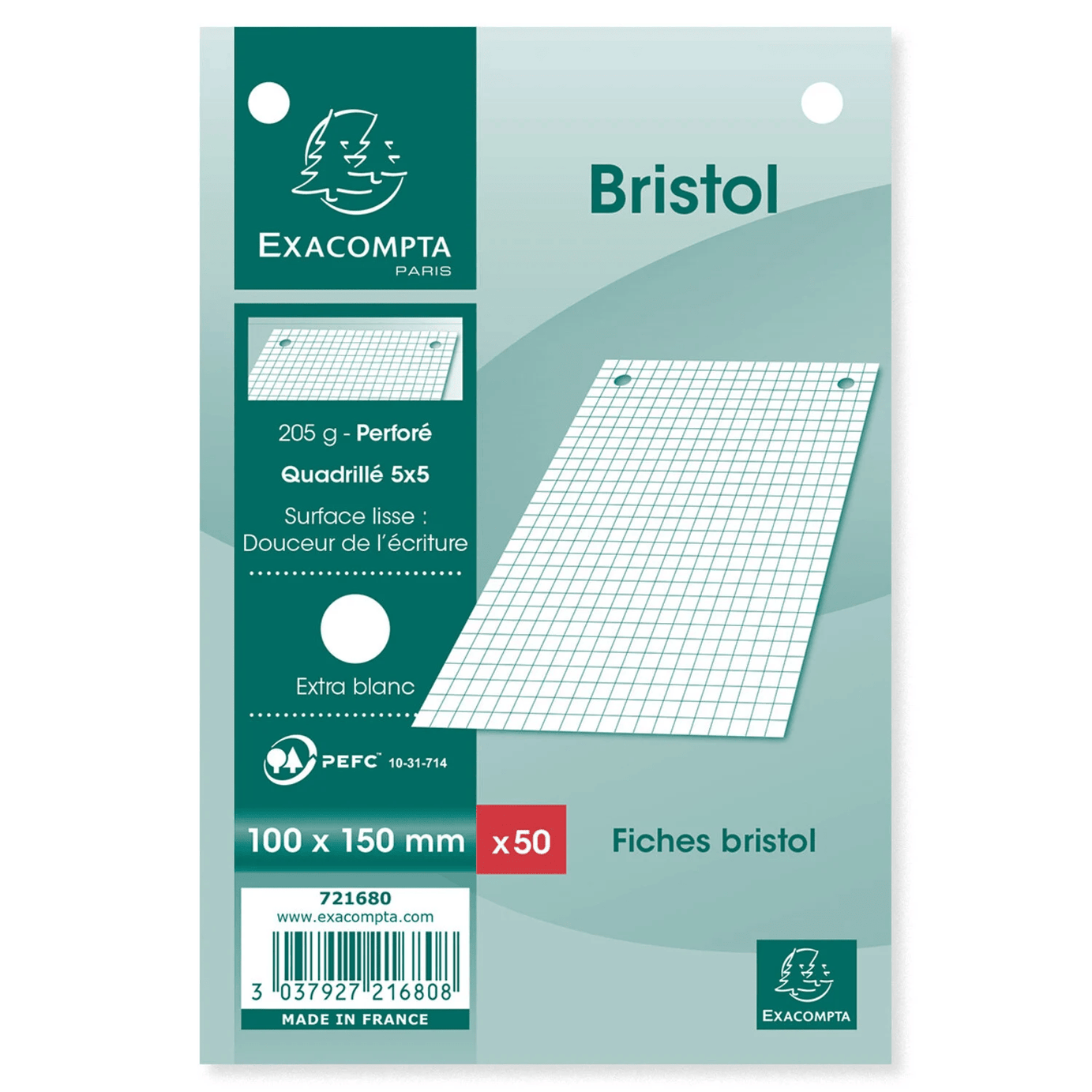 Fiche bristol petits carreaux 10x15cm blanc x50 EXACOMPTA - ARSHPRIX