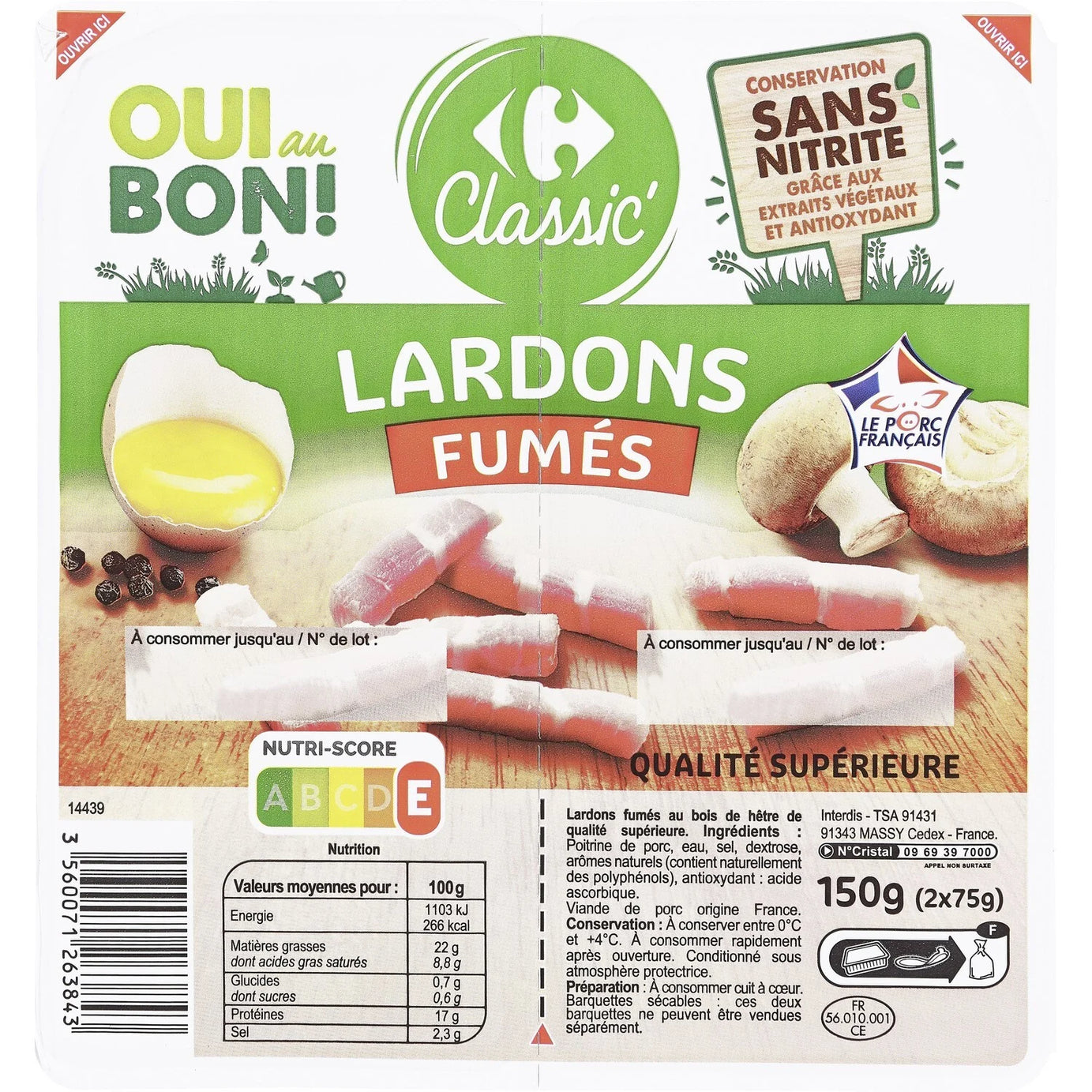 Lardons fumés Sans Nitrite CARREFOUR CLASSIC' - ARSHPRIX